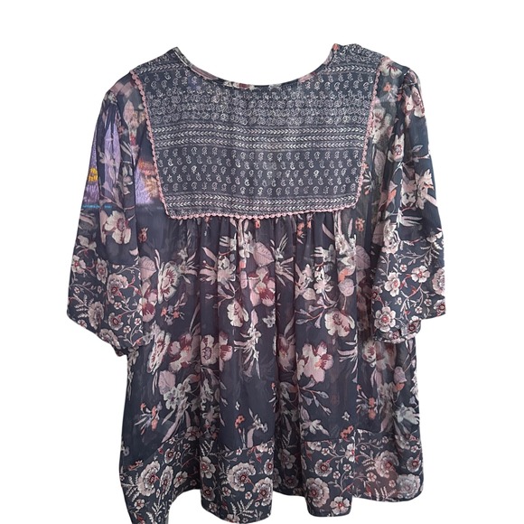 Knox Rose Women's Floral Tassels V Neck Boho Peasant Blouse XL Blue Pink White - Picture 3 of 10